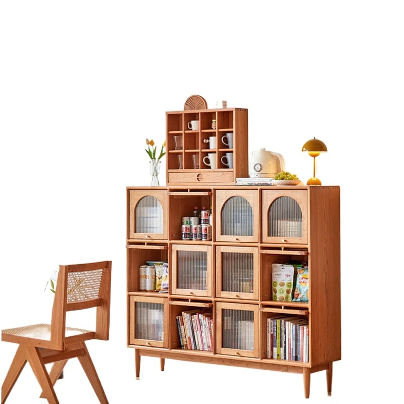 

Nordic simple solid wood cherry wood display cabinet, figure retro lattice Japanese bookcase with door