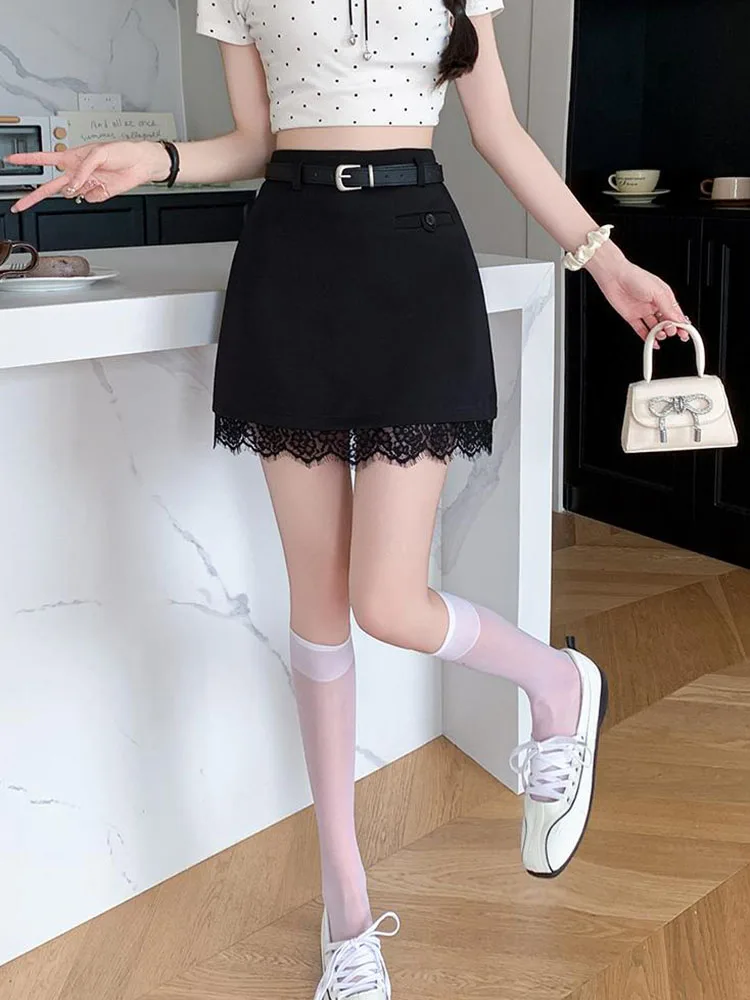 Minifaldas francesas adelgazantes para prevenir especias, faldas femeninas de cintura alta, traje de retazos de encaje Sexy, falda informal a la cadera