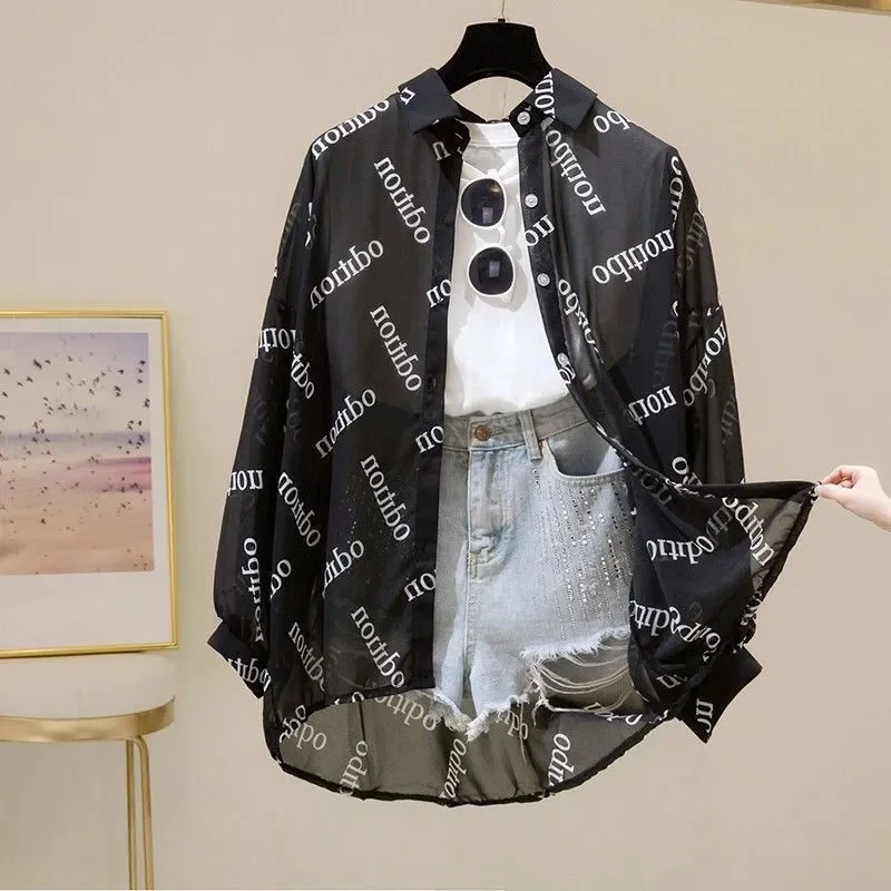 Summer Ladies Thin Long Sleeves Sun Protection Shirt 2025 Women New Printing Sunscreen Clothing Korean Femme Chiffon Shirt Coat