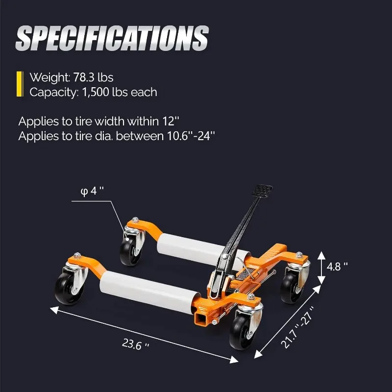 خصم عجلة السيارة دوللي جاك مجموعة من 2، زلاجات سيارة ميكانيكية 1500 رطل، مقبس تحديد موضع السيارة عجلة 12 بوصة، بكرات شديدة التحمل
