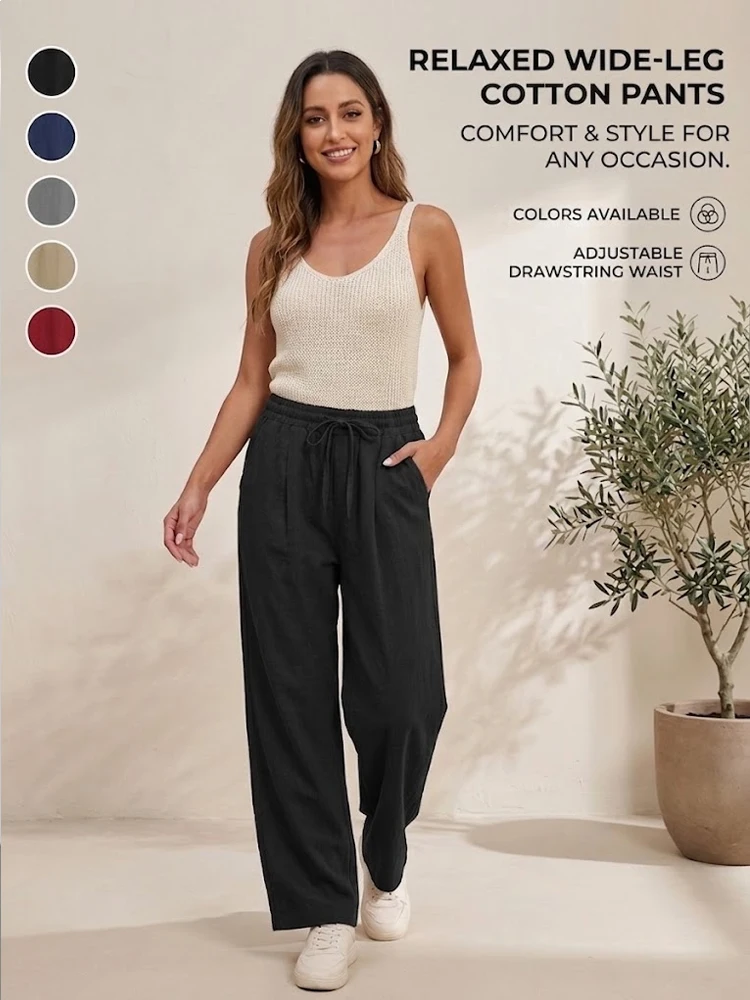 Neue Damen-Baumwollhose mit weitem Bein, lässige, lockere, hochtaillierte lange Hose, weiche Jogginghose, Baggy-Sweatpants mit Kordelzug für Sport. – Detail 1