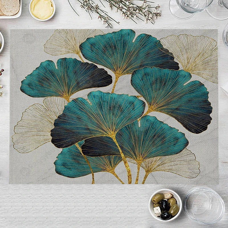 32x45cm Ginkgo Biloba Cotton Linen Kitchen Placemat Nordic Print Coaster Pad Green Leaves Plant Dining Table Mat Bowl Cup Mats