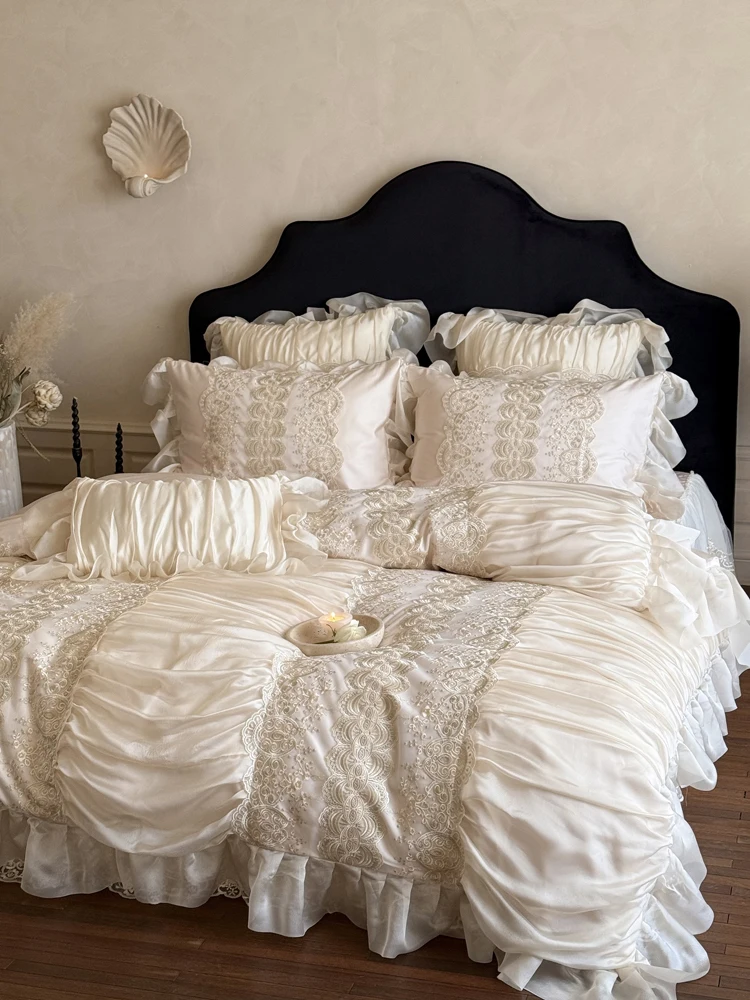 French Luxury Princess-style Tencel Cotton 4-Piece Bedding Set - Cooling Silky Smooth Lace-Trimmed Duvet Cover & Bedspread