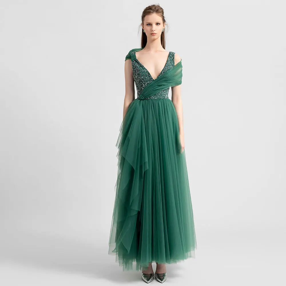 Robe de Soirée Trapèze Personnalisée en Tulle, Châle en Fibre, Dos aux, Perlé, Fermeture Éclair, Col en V, Longueur Rincée