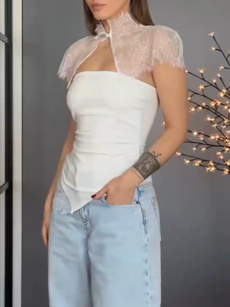 

Элегантный женский топ-боди без бретелек для повседневной носки и отпуска, однотонный, с кружевной накидкой