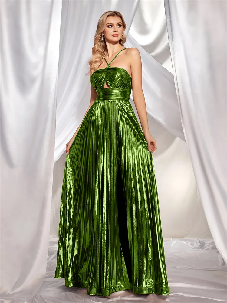 Elegant Women Evening Party Gown Halter Backless Maxi Dress Summer Hollow Out Pleated Prom Evening Dress Sexy Lady Verstido