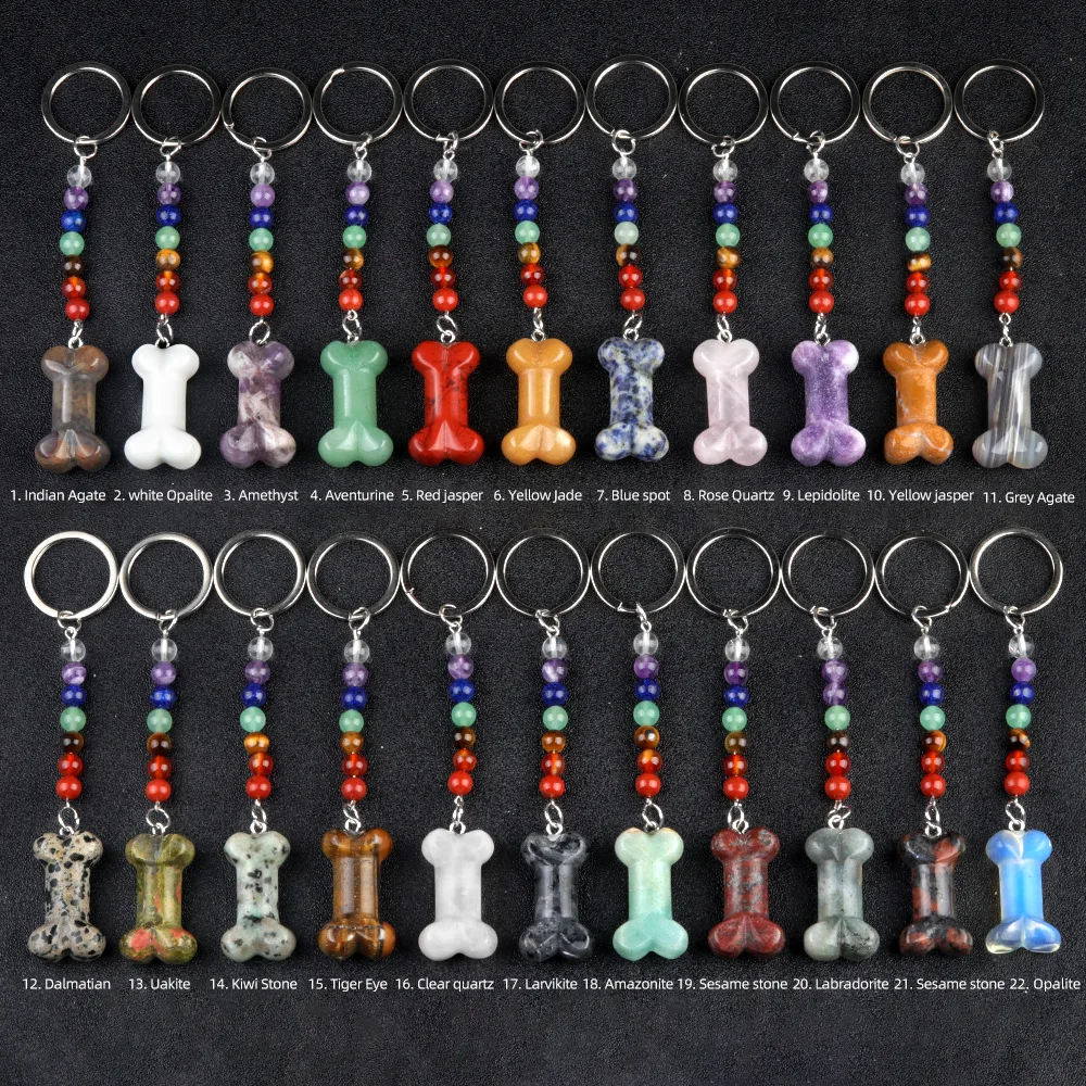 

10pcs Carving Bone Stone Key Rings 7 Colors Chakra Beads Chains Gem Charms Keychains Healing Crystal Keyrings for Women Men