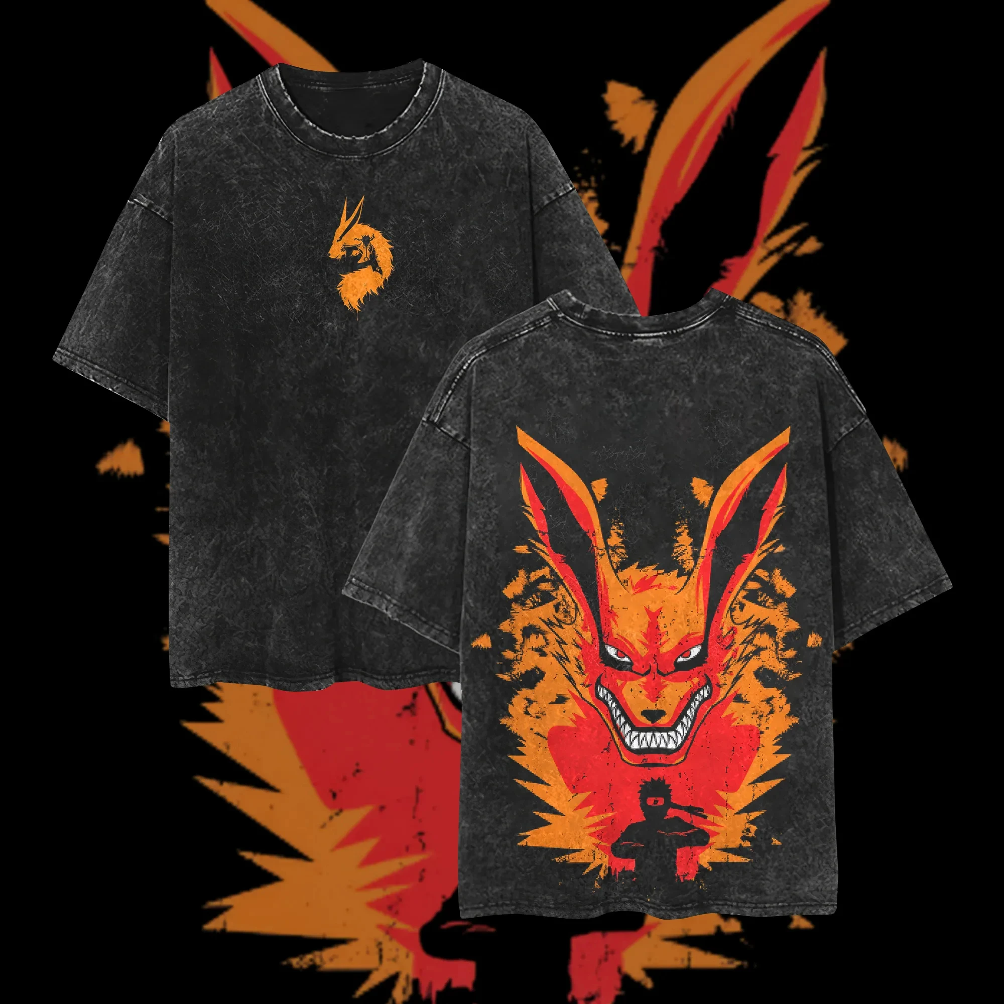 Minato Namikaze Kyuubi T-Shirt Naruto Shippuden Tee Vintage Washed Oversized Retro Anime Harajuku Streetwear Grafik Herren-Shirt