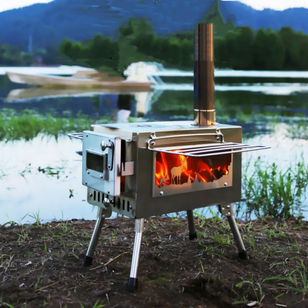 Outdoor Firewood Stove Camping Stainless Steel Wood Stove With Chimney Pipe Winter Picnic Hot Tent Cooking Heating Stove