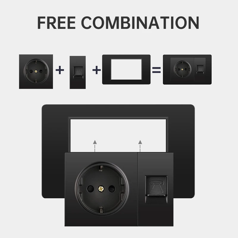 

PSSRISE Черная настенная розетка EU/Италия A18 с USB Type-C 5В 2.1А, выключателем света и разъемами для ТВ, телефона, компьютера