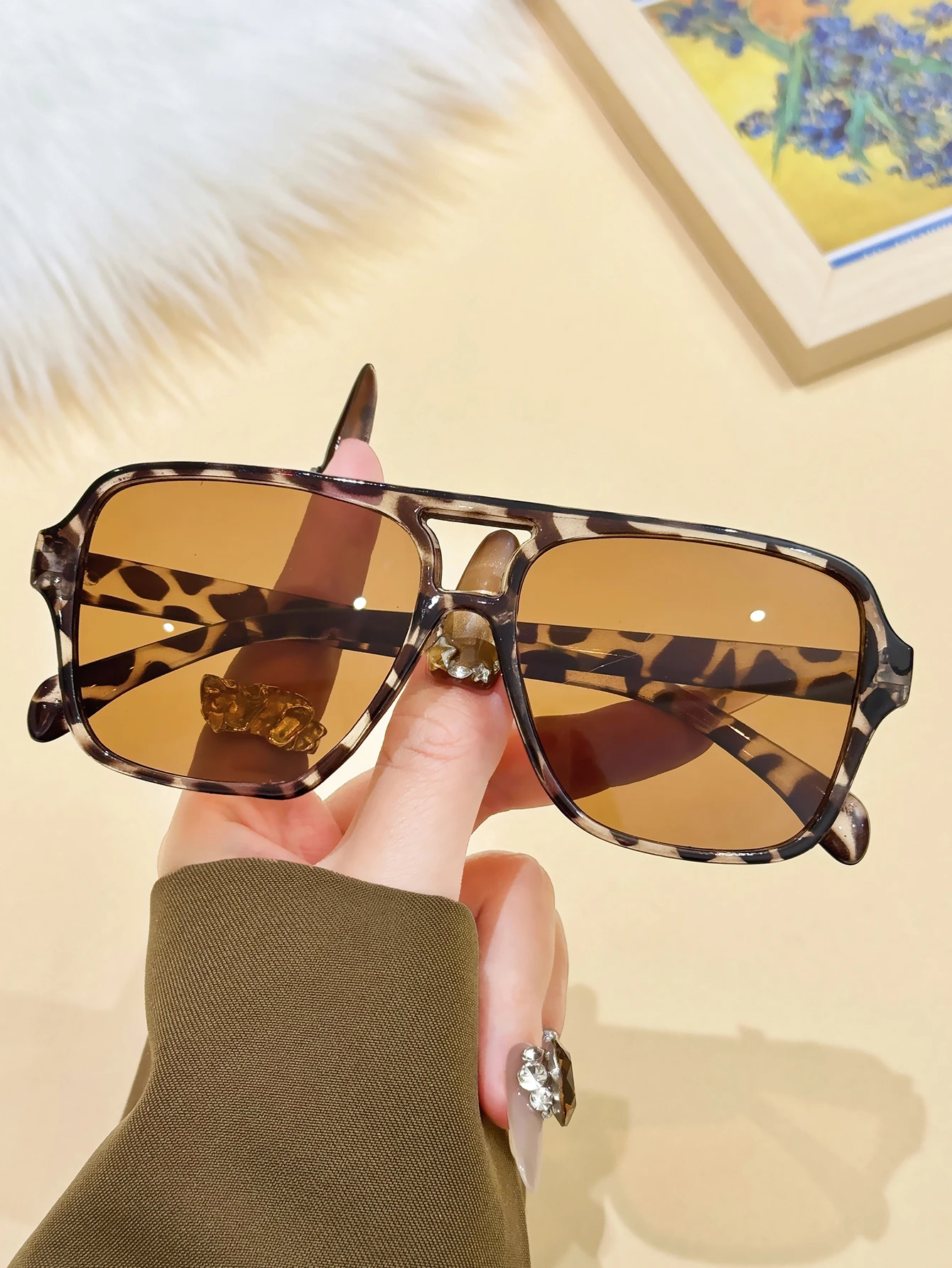 1Pc Light Leopard Print Double-Bridge Aviator Sunglasses, Unisex, Uv Protection, Unisex Style, Vacation, Photo Shoot Styling