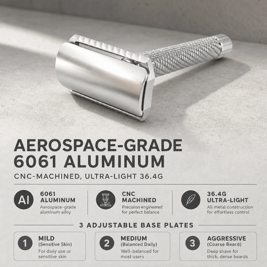 KAMPFE Aluminum Alloy Safety Razor 3 Interchangeable Plates Precision Shaving Mild Medium Aggressive Levels Double Edge Manual