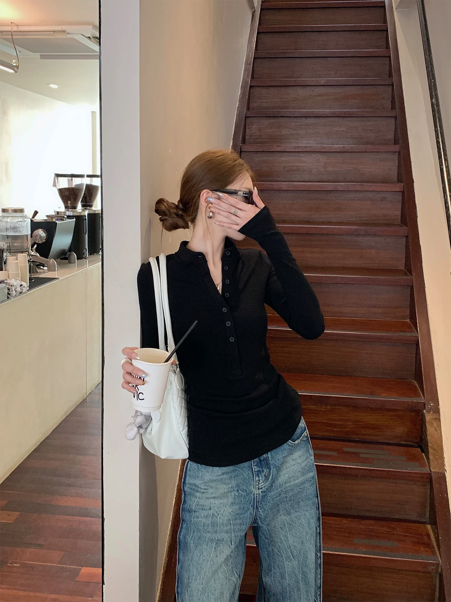 

LingLai Bla Long Sve вязаная облегающая футболка с воротником Генри, женская весенне-осенняя универсальная высококачественная футболка в Корейском стиле...