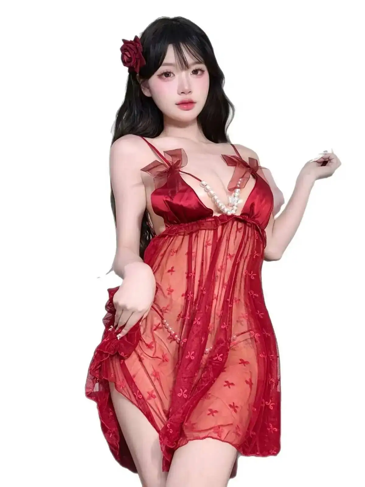 Lingerie sexy puro desejo pérola cinta camisola sexy renda pequeno peito uniforme pijamas vestido elegante mini vestido de malha pura ja3l