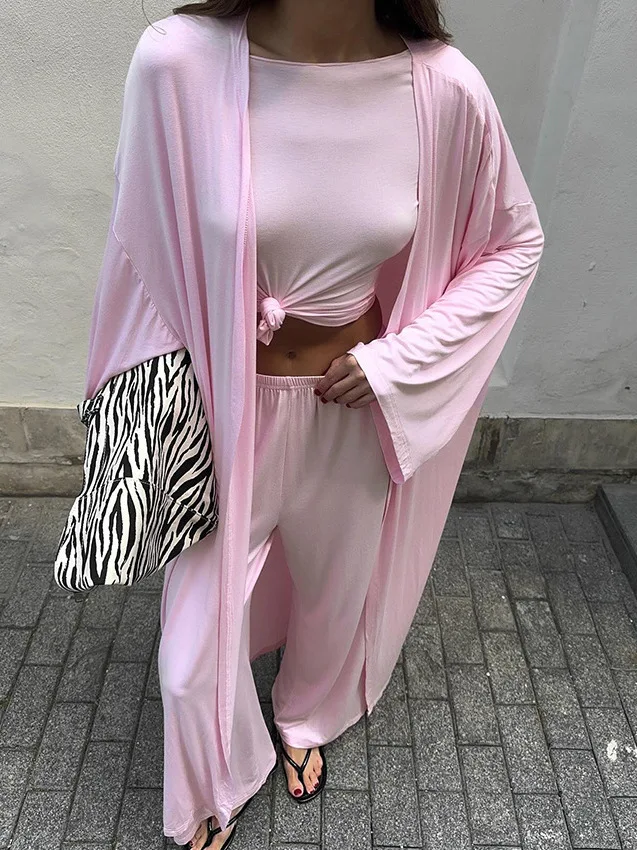 

Summer Spwear Pure Color Top Pants Jaet Set Casual Long Sve round Ne Ele Sle Tee-piece Women's Faion Set