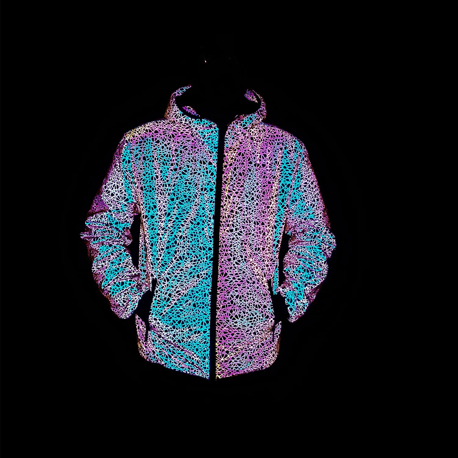 2022 Autumn Winter Colorful Reflective Hooded Jacket Mens Harajuku Hip Hop Night Club Reflect Light Shiny Coats Windbreaker