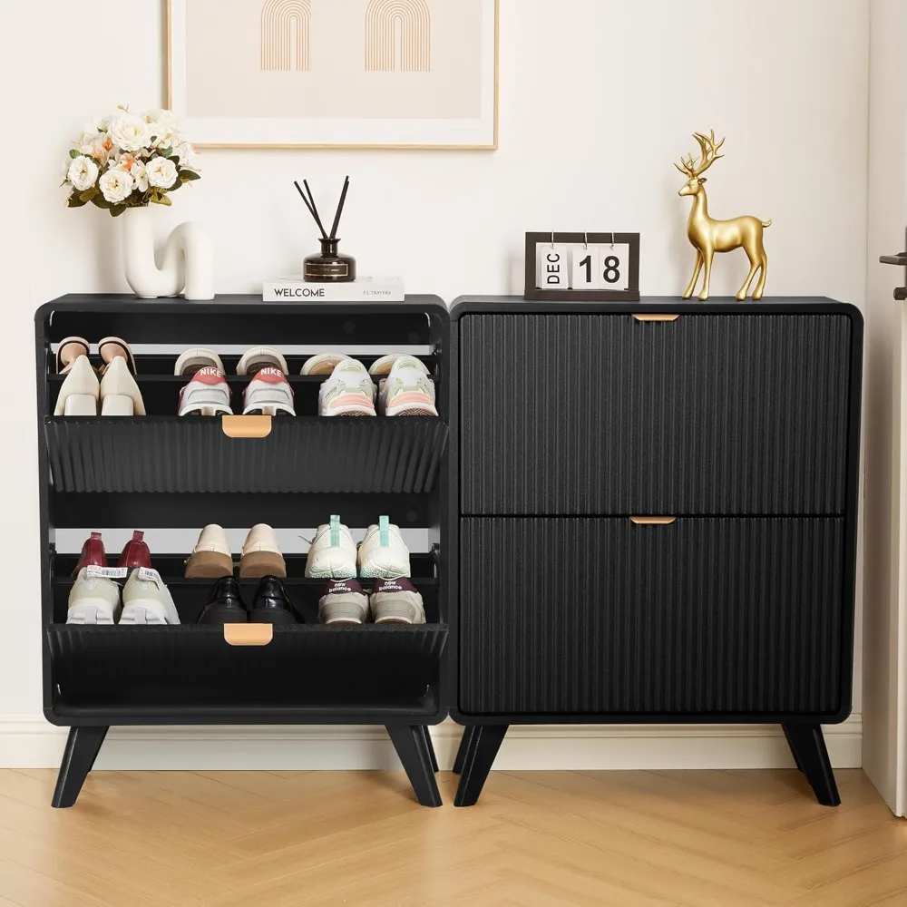 pair of decorative shoe storage cabinets for entryway, slim curved shoe cabinet with dual flip drawers, freestanding wooden conc