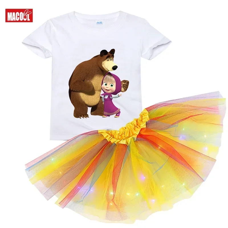 2024 Summer Girls Tutu Dress Set Birthday T Shirt Tutu Dress Girl Kids Dress Set Party Light Christmas Little Girl Costume