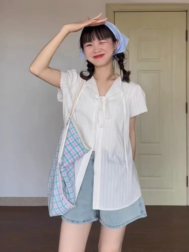 Damska bluzka w stylu Y2k z kołnierzykiem, bandażami, jednolita, codzienna, zapinana na guziki, grunge, luźna koszula Harajuku, streetwear, bluzki