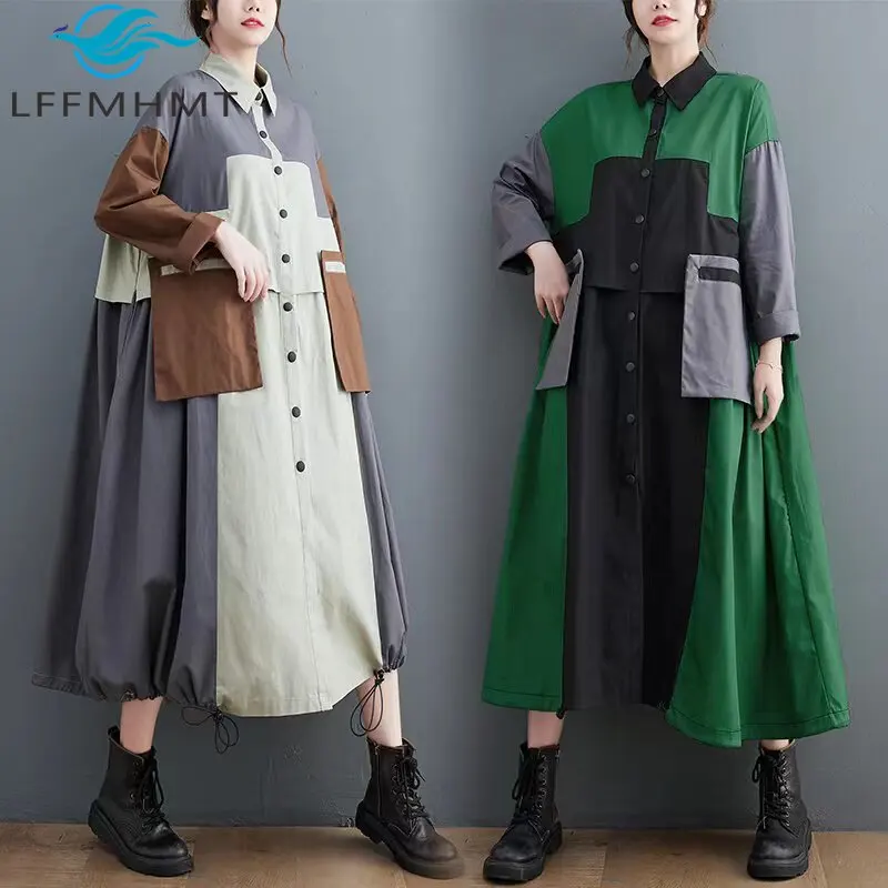 

Spring Autumn Fashion Women's Loose Casual Trench Stylish Patchwork Unique Design Long Sleeve Big Pocket Coats Female Jacket