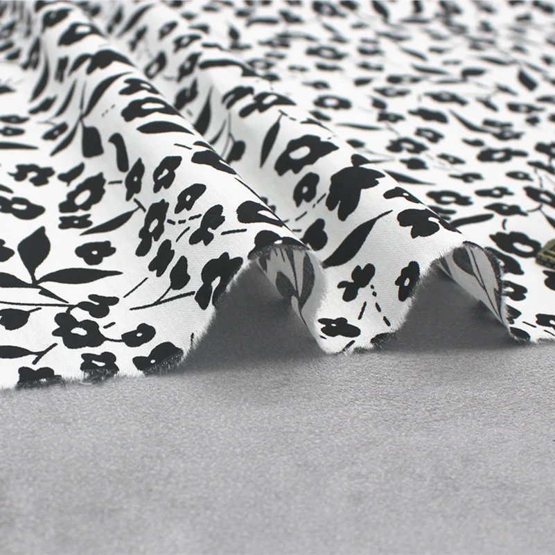 Black and White Cotton Floral Fabric Pastoral Style Printed Cloth for Sewing Clothes DIY Handmade by half Meter