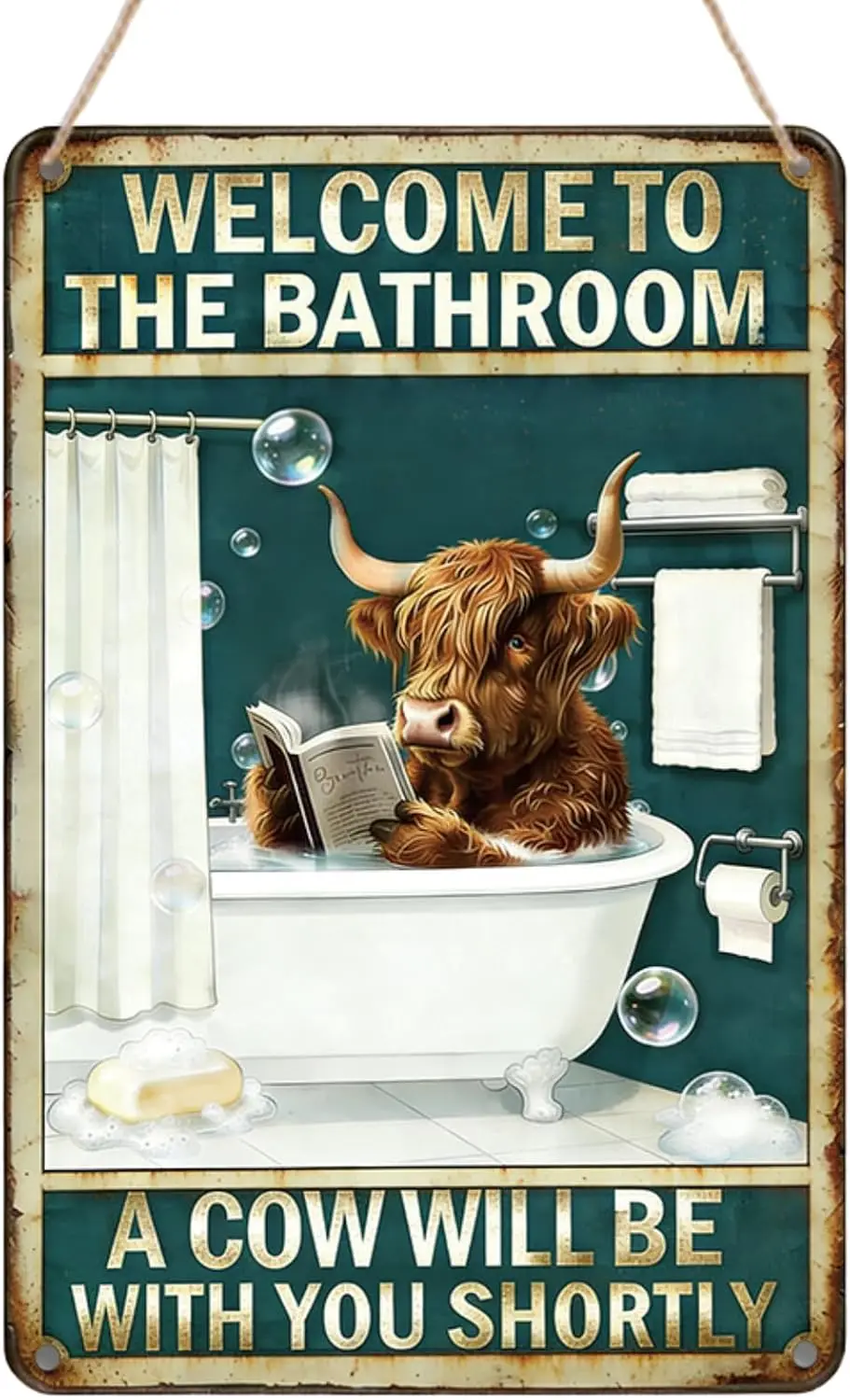 Highland Cow Bathroom Decor - Funny Metal A Cow Will Be with You Shortly Bathroom Wall Art for Kitchen Restroom, Birthday Housew