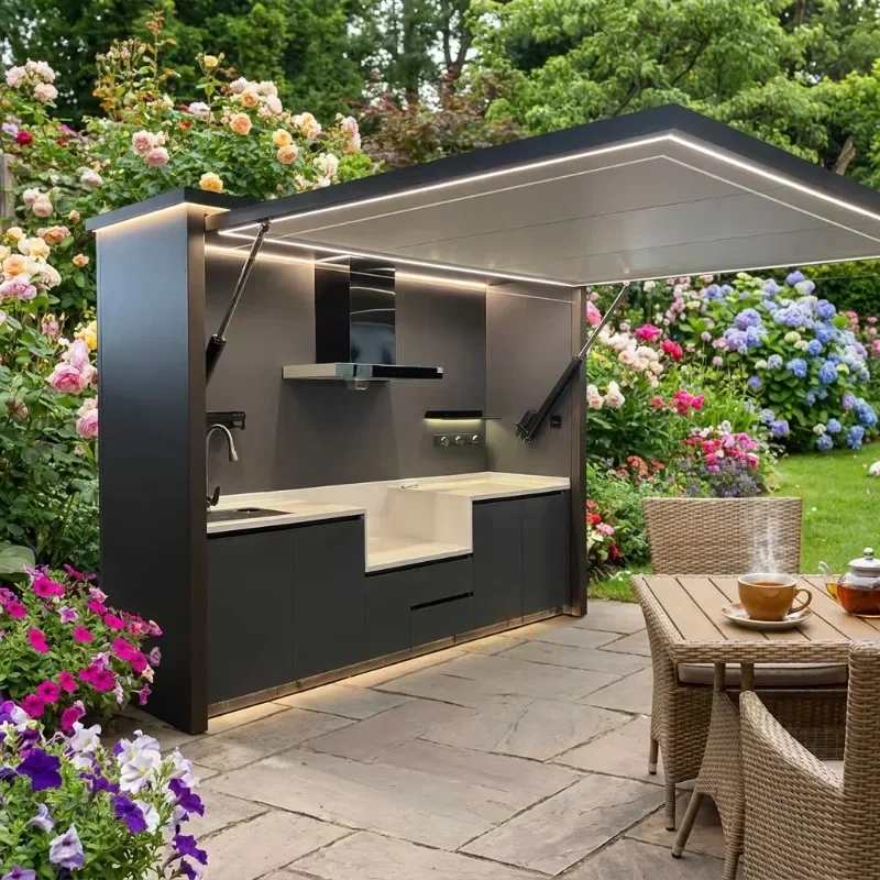 Custom All-in-One Backyard Outdoor Kitchen Hydraulic Retractable Canopy Quartz Countertop for BBQ Tea Ice Cream Family Party