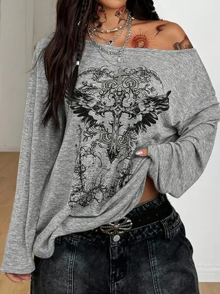 Autumn Gothic Y2K Cupid Print Asymmetrical Oversized Tunic Top Women Loose Streetwear Harajuku Grunge Blouse