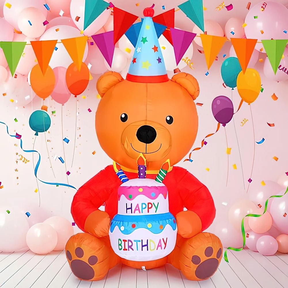 Oso inflable de cumpleaños con decoración de pasteles, soplado con luz LED para fiesta en el jardín