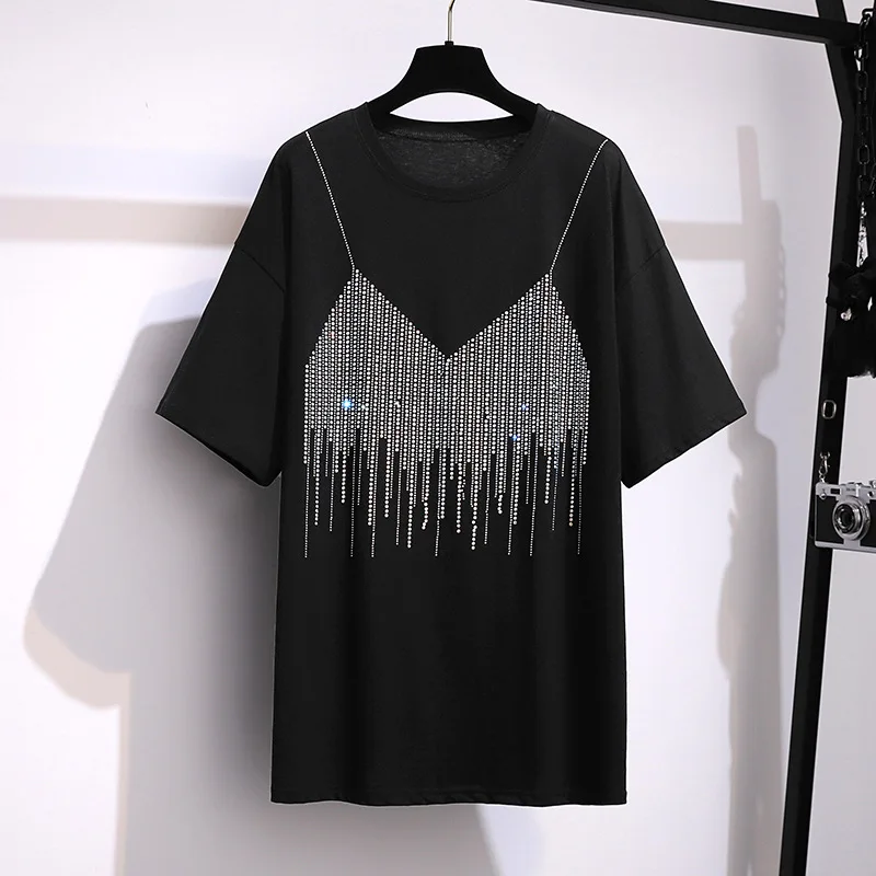 New 2022 Summer Plus Size Tops For Women Large Size Short Sleeve Cotton Black White Diamonds T-shirt 4XL 5XL 6XL 7XL 8XL 9XL