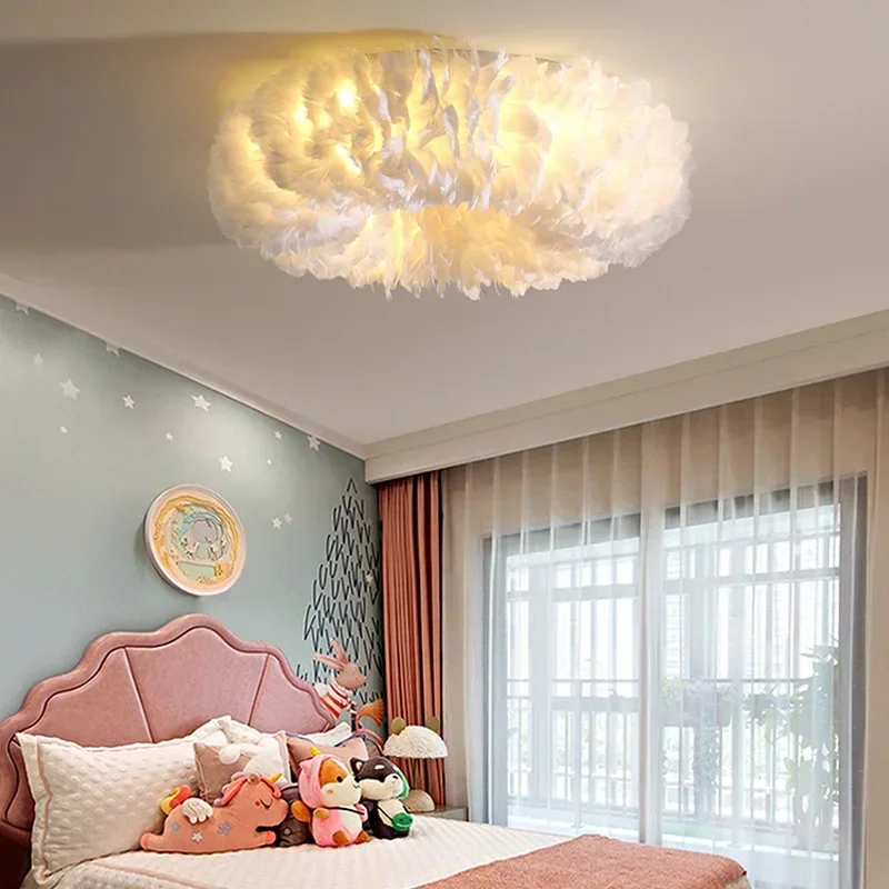 Feather Ceiling Lamp Creative Round DownLights with E27 Bulb for Bedroom Living Room Home Decor