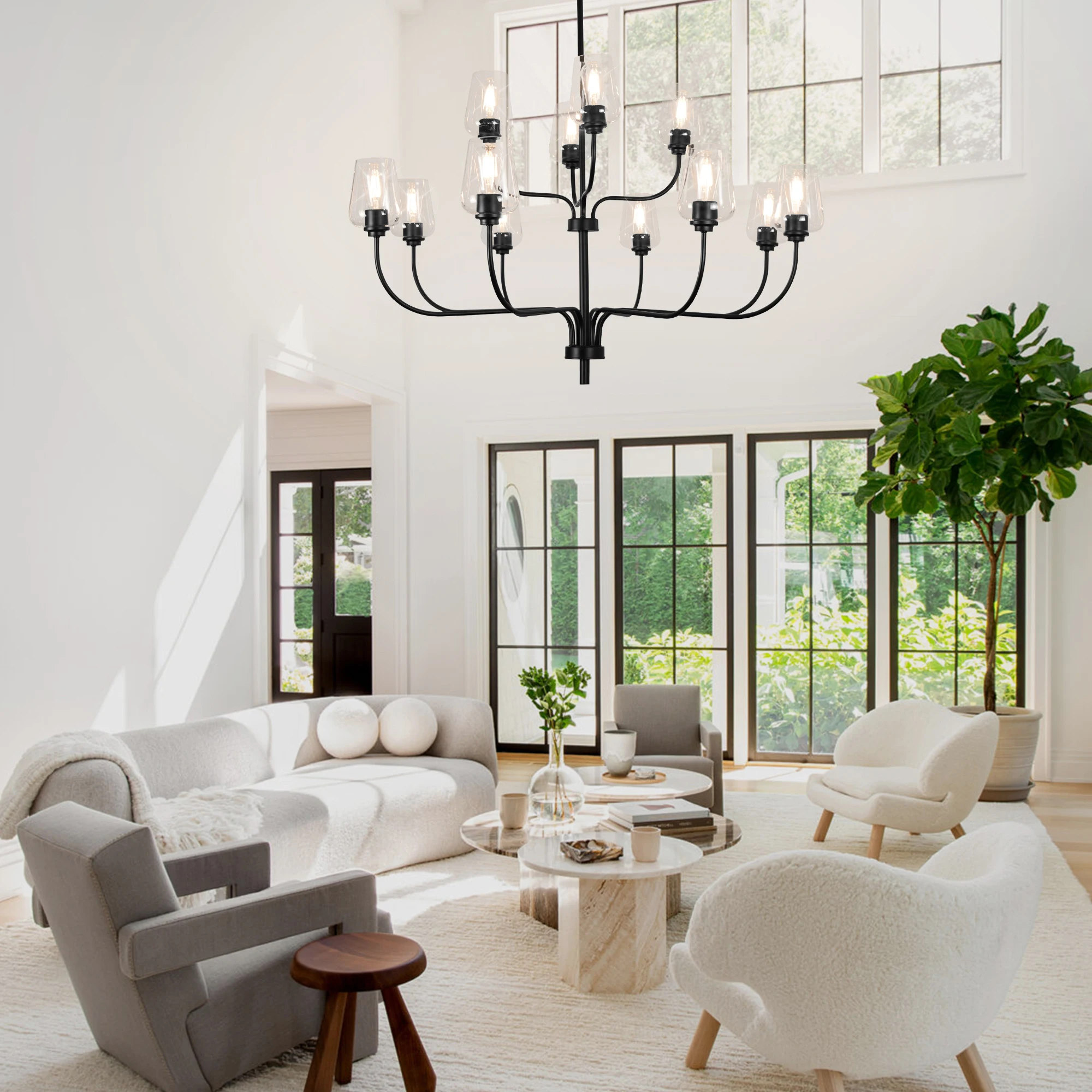 Farmhouse Chandelier Black Candle Chandelier with Glass Shade Traddtional Chandelier for Living Room Height Adjustable