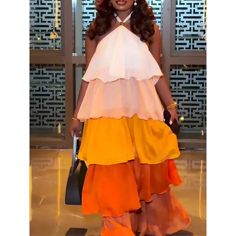 Slergiri Sweet Layered Colorblock Halter Dress Women Fashion New 2026 Summer Sexy Backless Vacation Loose Ruffled Long Dresses