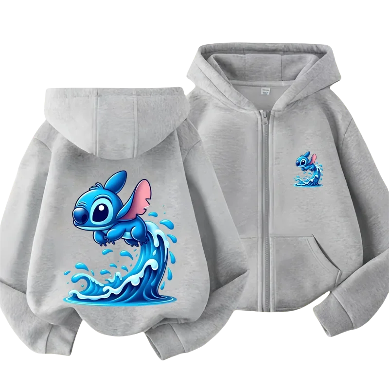 Stitch Kids Zipper Hoodie Cartoon Print Autumn/Winter Long-sleeved Sweatshirt Casual Top For Boy And Girl Outdoor Disney Jackets