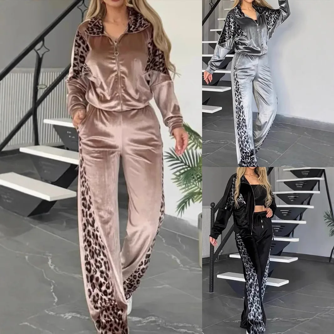 

Straight Trousers Long Sleeve Suit Autumn Women Casual Leopard Print Patch Bat Sleeve Jacket 2025 Holiday Casual Wear Women Suit