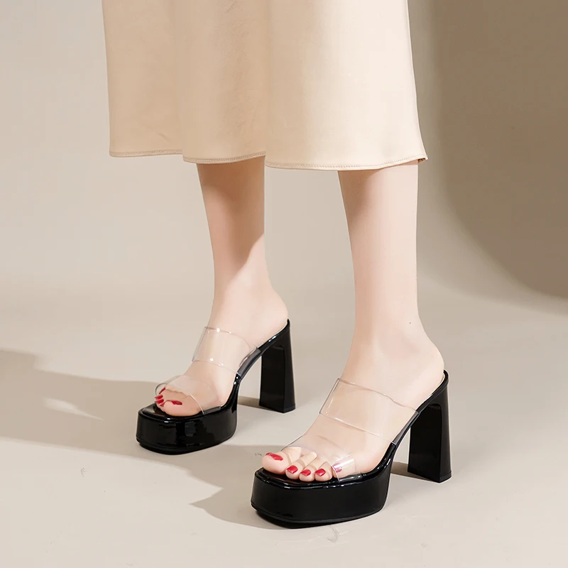 Elegant Summer Women's Clear Strap Open Toe Platform Super High Chunky Block Heels Slide Sandals Party Slippers Shoes for Ladies view 2