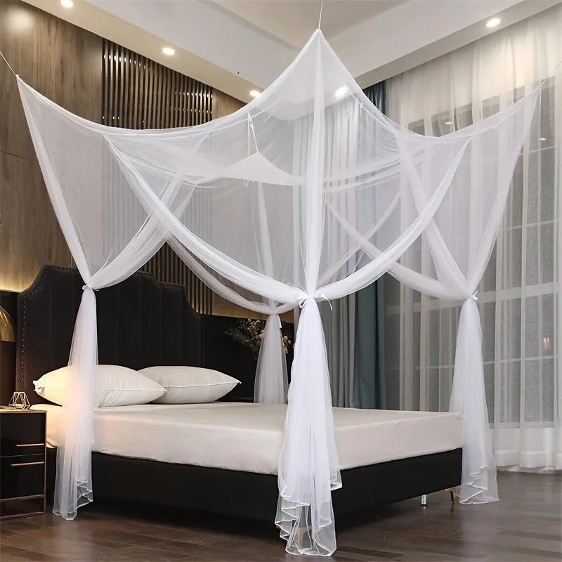 Elegant Mosquito Net for Bed - 4 Corner Post Canopy Netting with Bed Skirt & Curtains - Outdoor/Indoor Home Bedding Set
