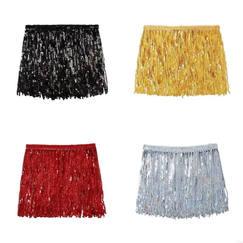 

P88A Beach Belly Skirt Elastic Waist Sequins Tassels Fringed Hip Scarf Mini Skirts Party Latin Dance Costume for Women