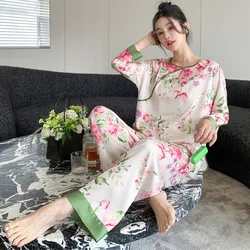 O-Neck Pajamas Suit Chinese Retro Style Sleepwear Print Flower Home Clothes With Buttons Rayon Nightwear Spring Pyjamas Set