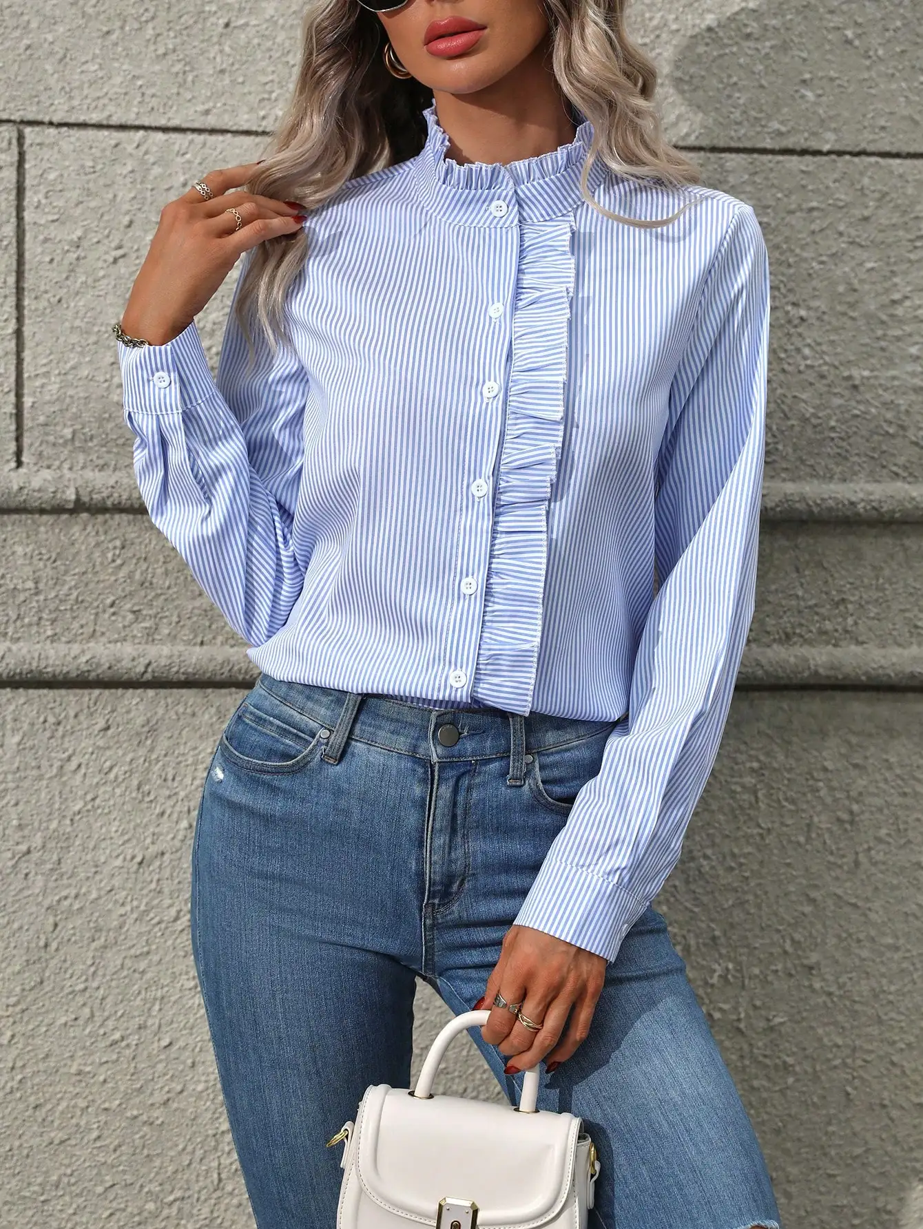 

Striped Ruffle Trim Button Front Long Sleeve Blouse For Women