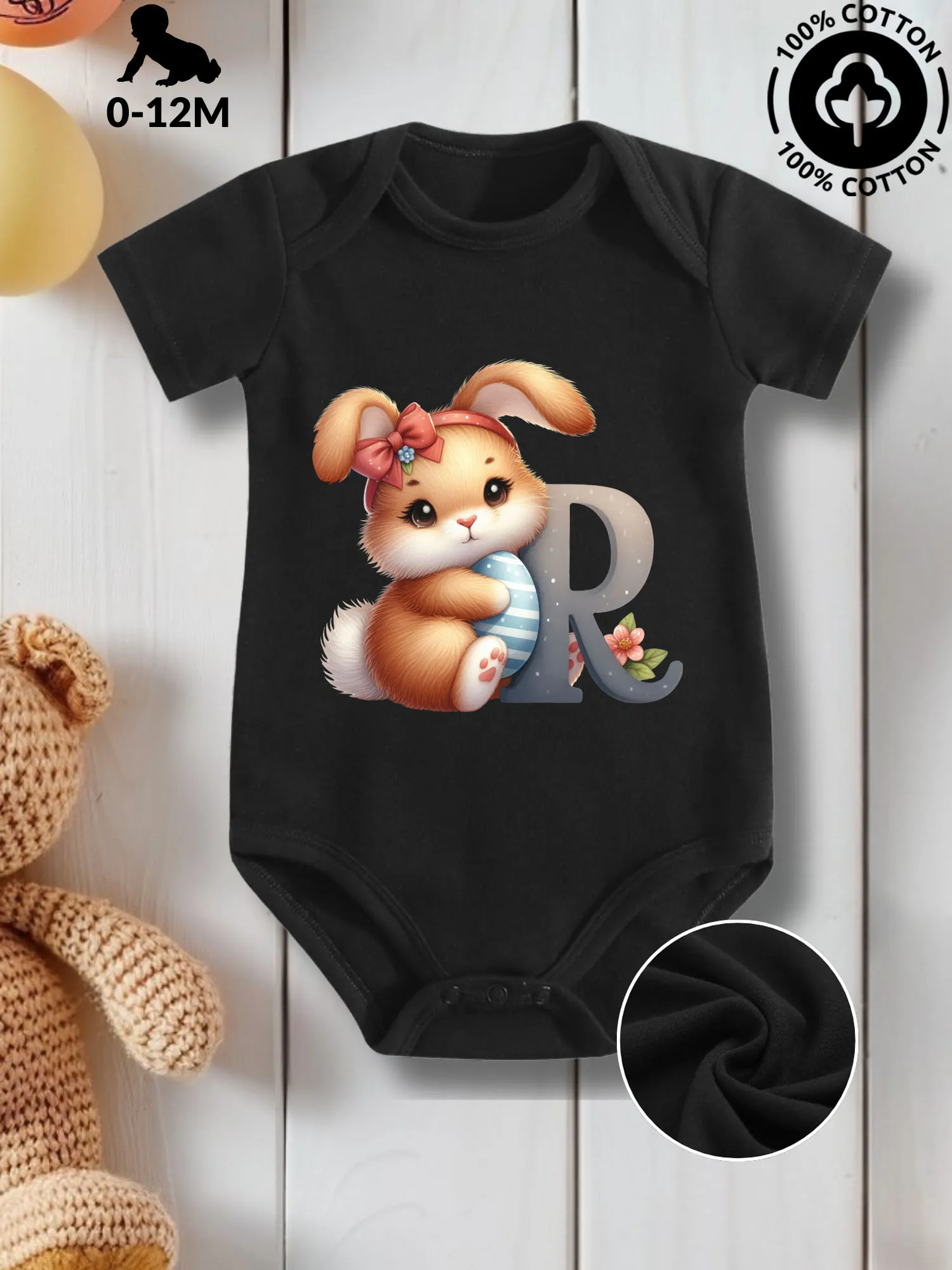 

R For Easter Rabbit Unisex Baby Crawling Suit, Pure Cotton Skin Care Onesie, All-Season Wear Black Bodysuit 190GSM