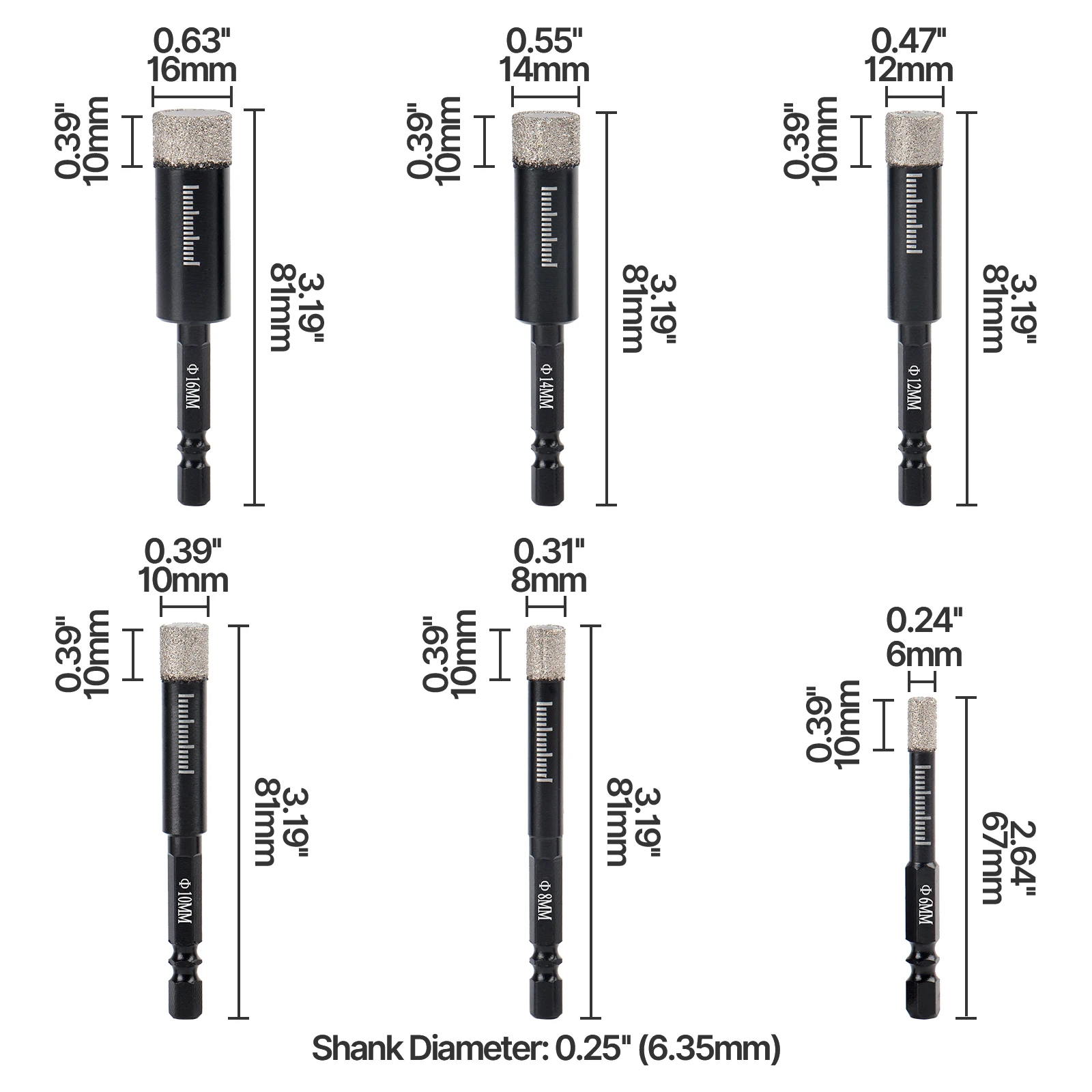 ろう付け乾式ダイヤモンドコアドリルビット 6-16mm 六角軸 石材用ドリルビット 花崗岩 タイル 磁器 大理石 セラミック 穴あけ工具