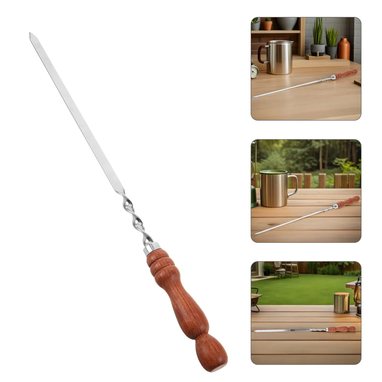 

Kebab Skewers Heavy Duty Stainless Steel Bbq Skewers Wooden Handle Outdoor Grill Sticks Wide Reusable Metal Kabob Sticks