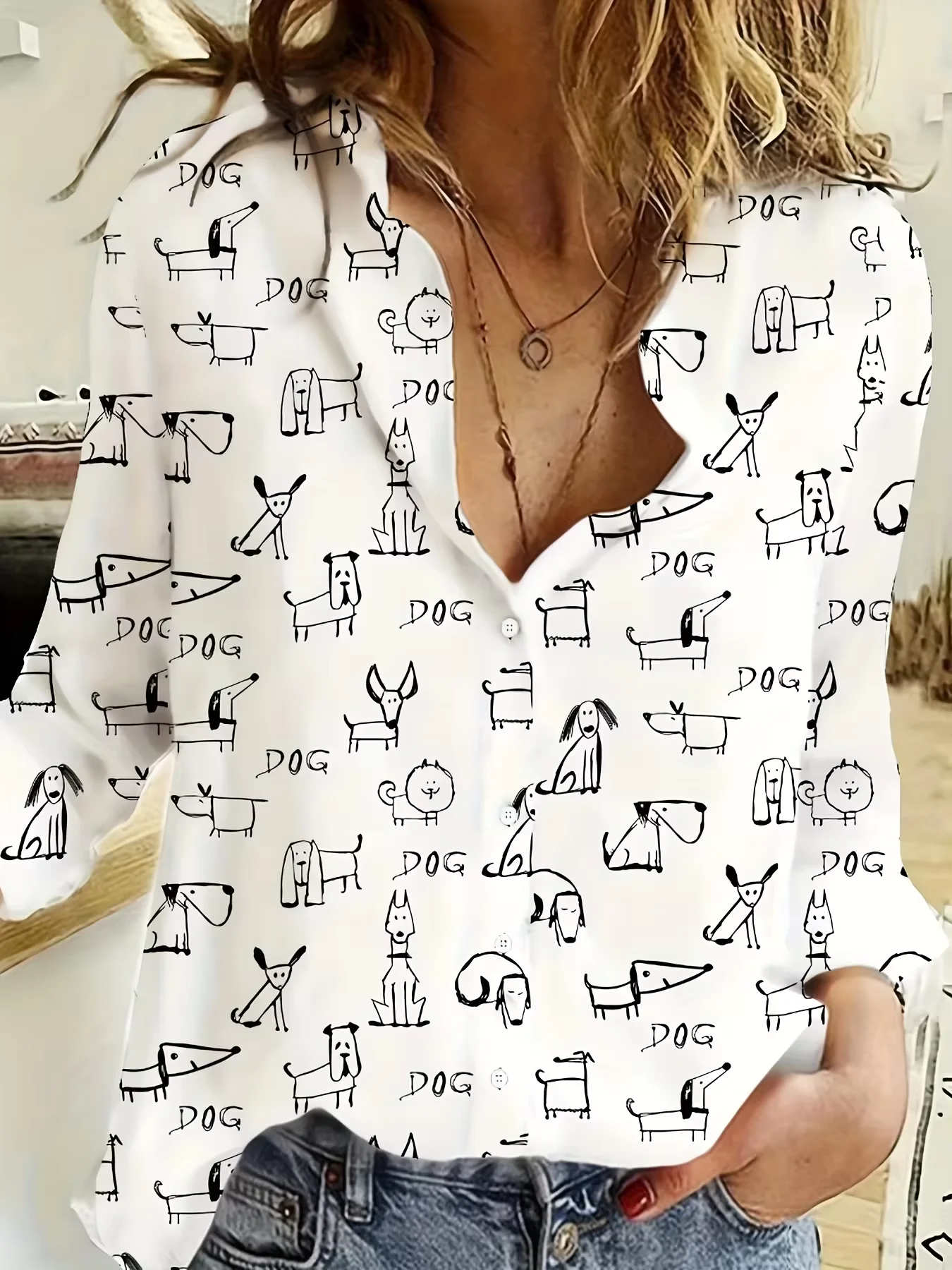 Camisa de solapa de manga larga para mujer, estampado digital 3D Hawaiano, patrón de perro grande, informal, talla grande, europeo y americano