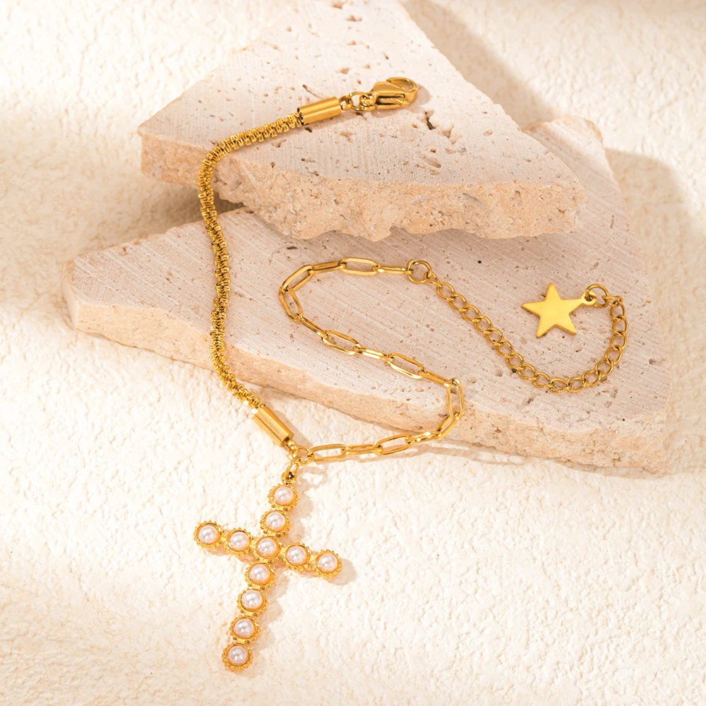 

May@RZ Pearl Cross Charms Stainless Steel Bracelet For Women's Fashion Jewelry Elegant 14k Gold Plated Bracelet Classy Outfits