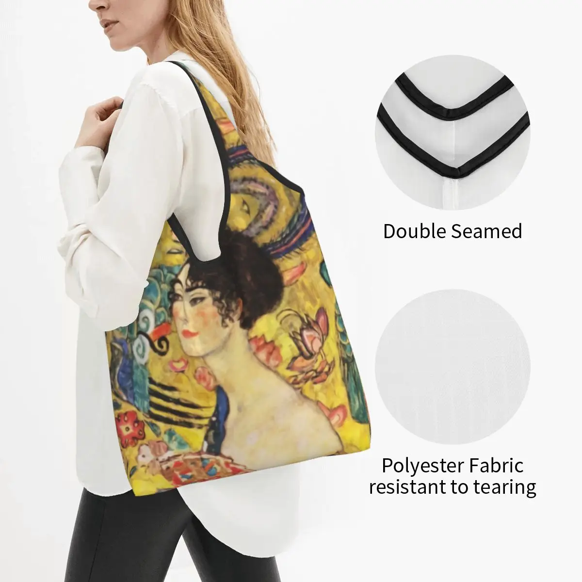 Gustav Klimt Lady With Fan Grocery Shopping Bags Cute Shopper Shoulder Tote Bag Large Capacity Portable Handbag