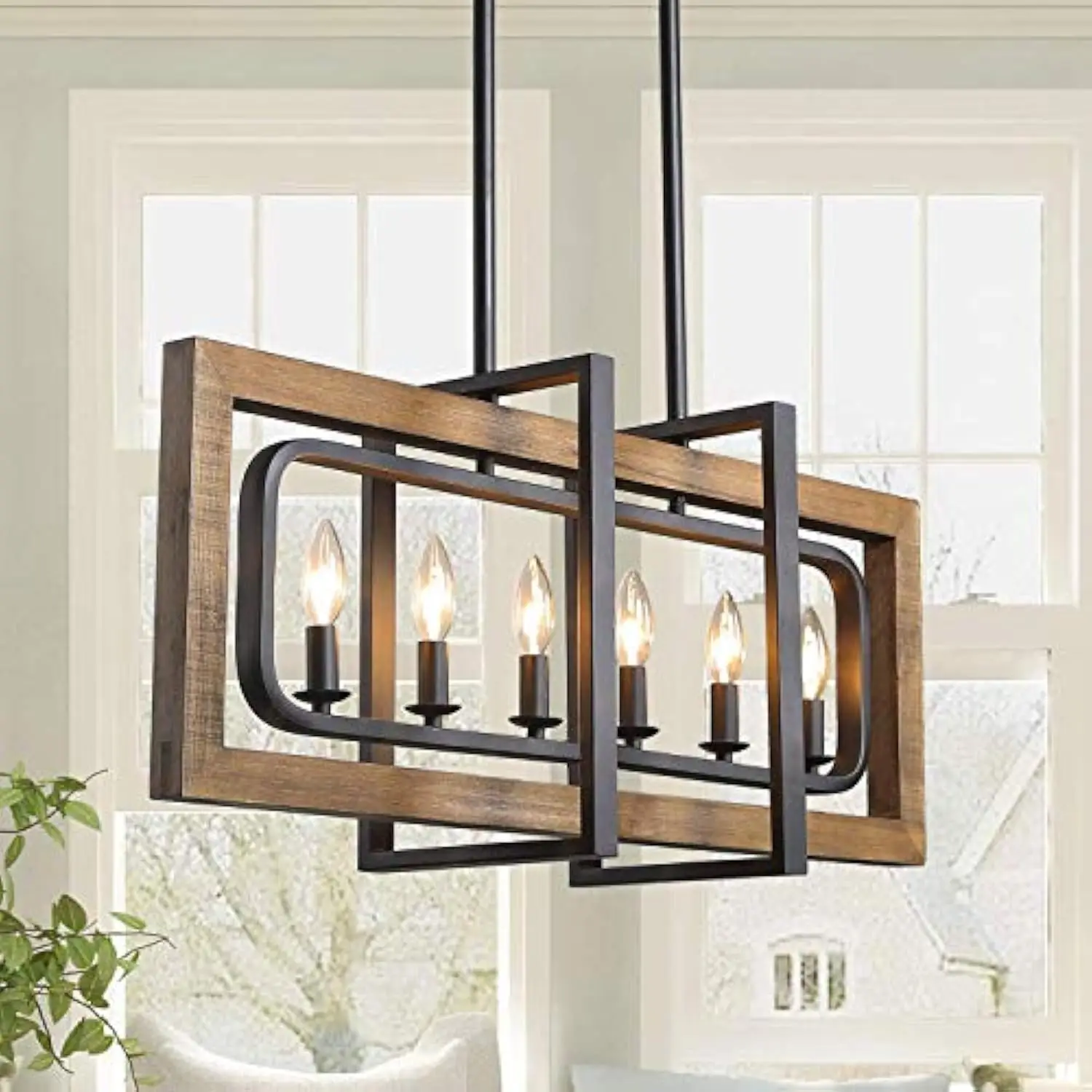 

Farmhouse Chandelier, Barn Light in Rustic Black Metal Finish & Rustic Wood Kitchen Island Lighting, 31.5" x 14" x 8.5" Island