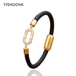 YISHUCHA Simple Shiny Charm Zircon Bracelets Leather Chain Bracelet Gold Color Metal Stainless Steel Clasp Jewelry Girls Gifts