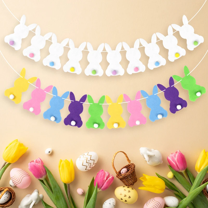 1set 250cm Easter Color Rabbit Shape Banner Easter Rabbit Bunny Bunting Flags Felt Garland Diy Prop Happy Easter Home Decoration