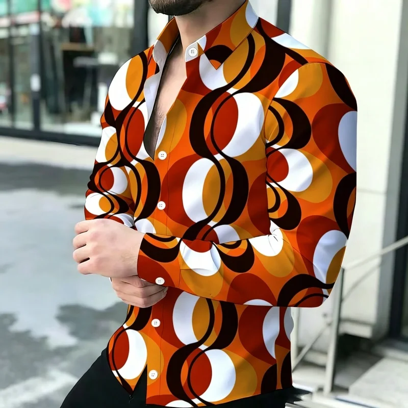 2026 New Men's Shirt Personalized Printed Long Sleeve Shirt Black Brown Contrasting Design Sense Shirt Street Trendy Men's Wear
